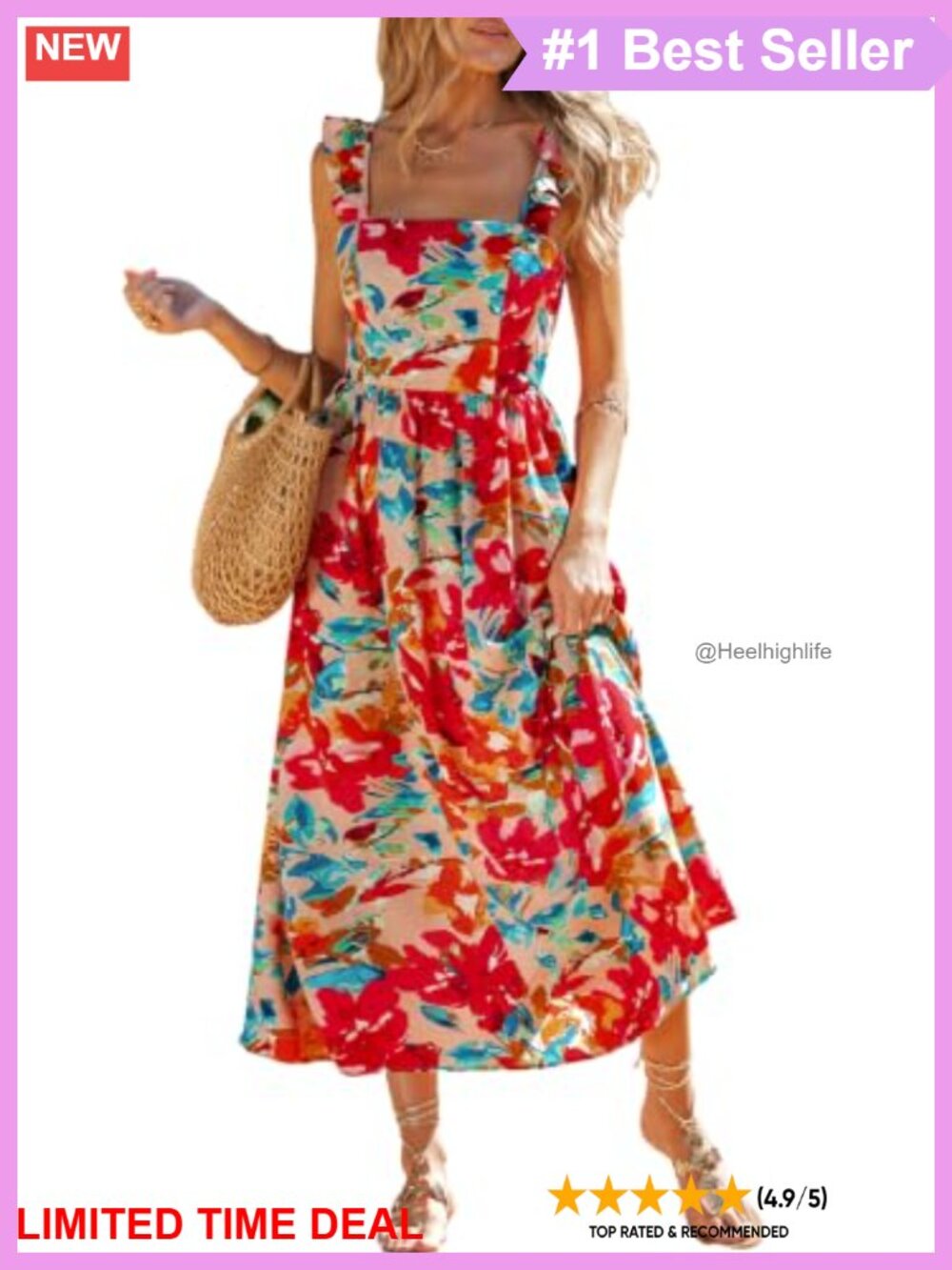 Boho Floral Square Neck Ruffle Strap Maxi Dress Smocked Waist Backless